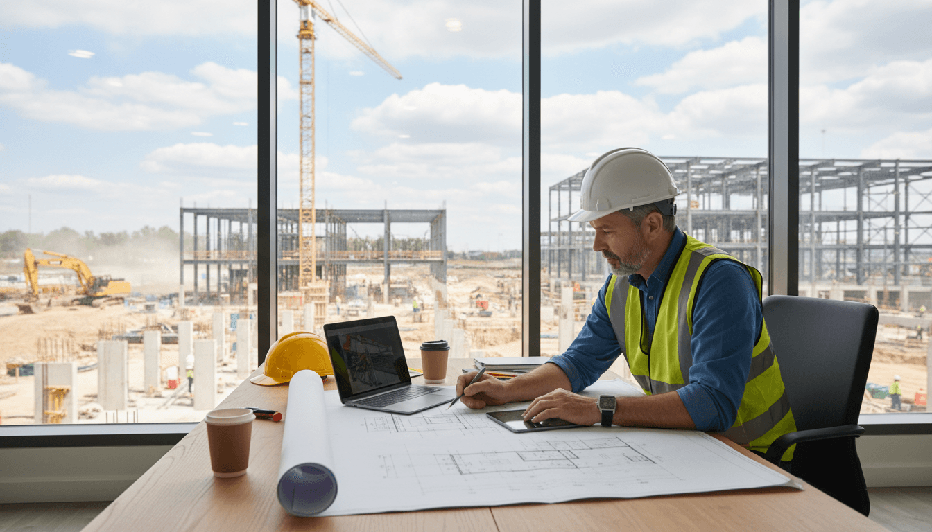 Contractor reviewing project plans at a desk with a construction site visible through the window