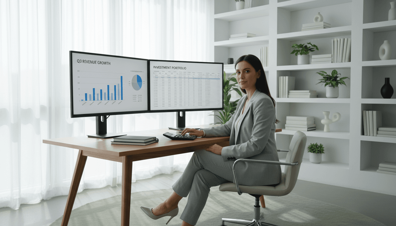 A woman engineer or surveyor working on construction plans with a laptop and calculator in an office setting