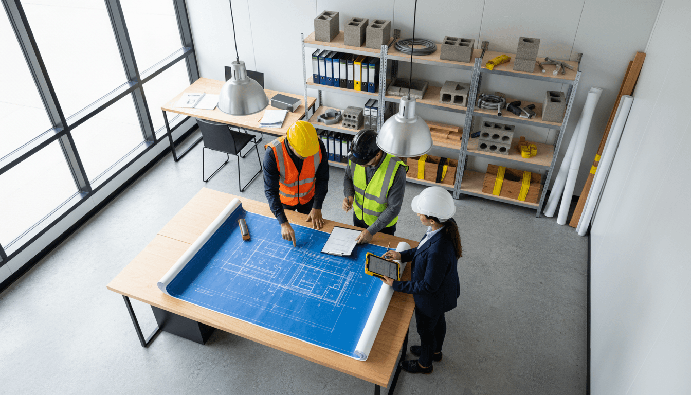 Contractor reviewing project plans in an office with construction visible in the background