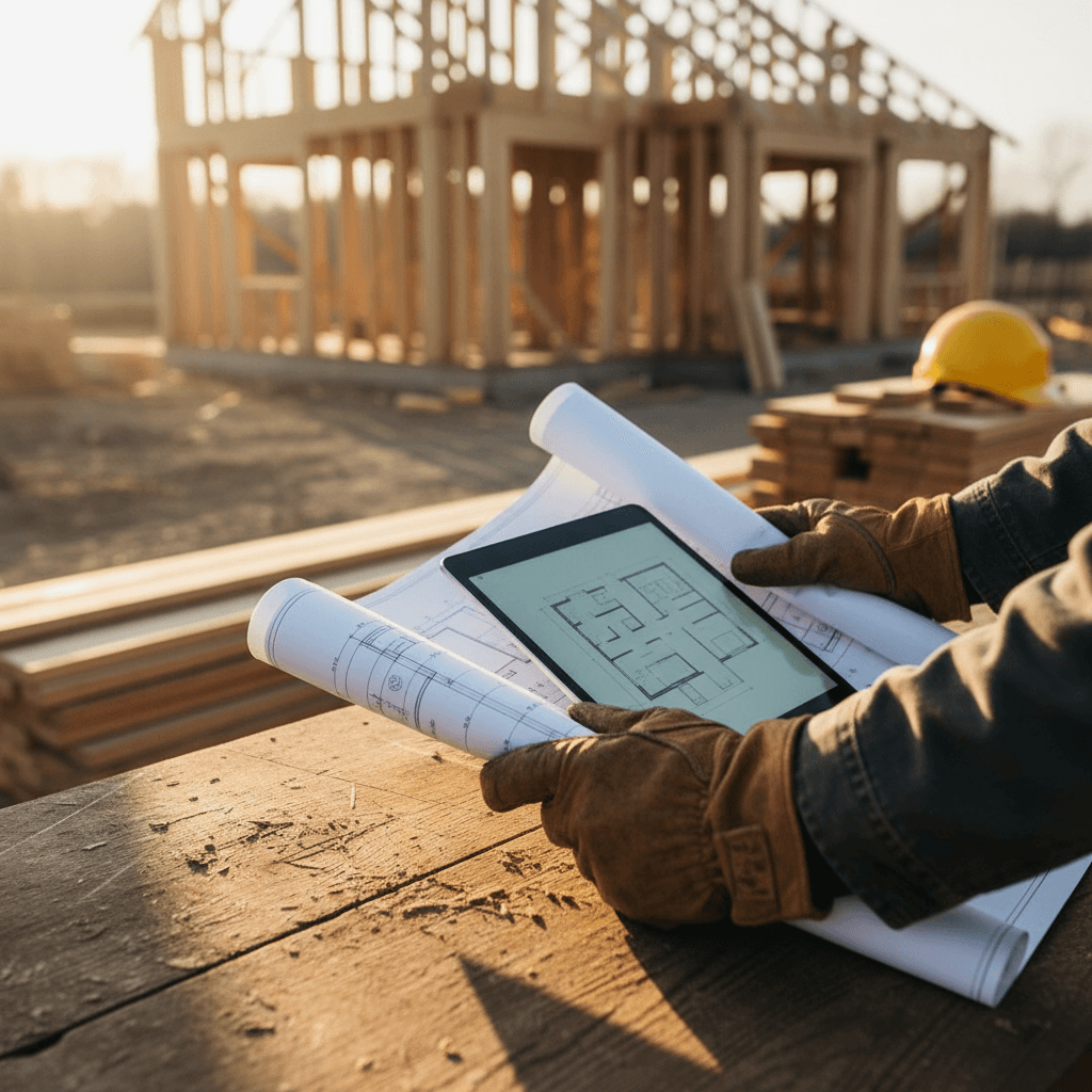 Contractor working at a desk with construction visible in the background